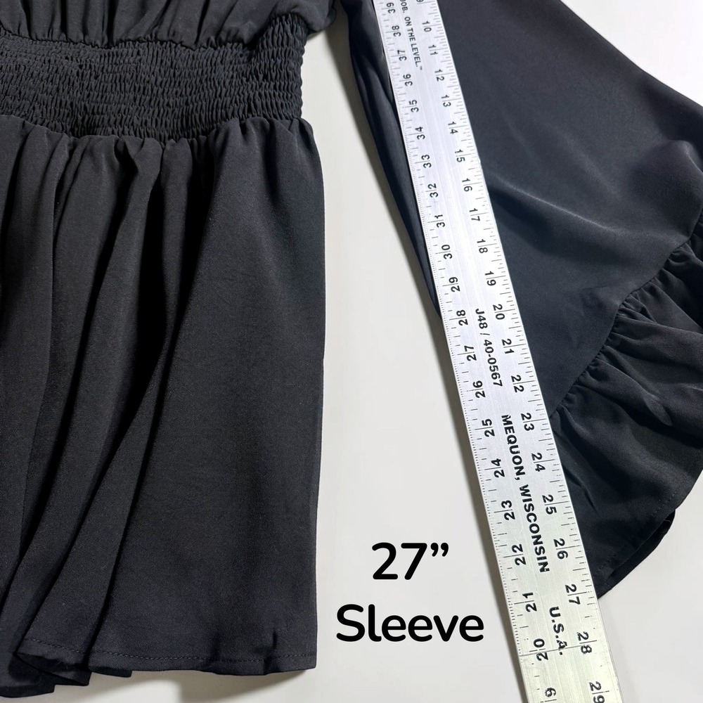 Black V-Neck Smocked Waist Bell Sleeve Ruffle Mini Dress Womens Medium - Picture 8 of 9